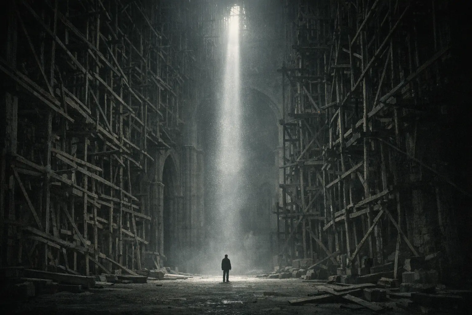 A vast unfinished cathedral in wooden scaffolding, a single shaft of daylight falling from the roof onto one small figure standing alone in the rubble far below.