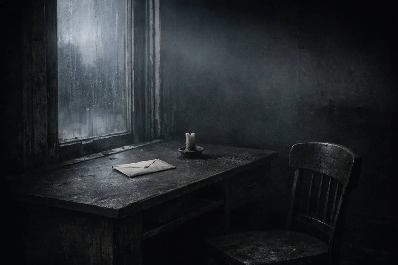 An abandoned wooden desk beside a rain-streaked window, a folded letter and a burnt-down candle left on it, one empty chair pushed back.