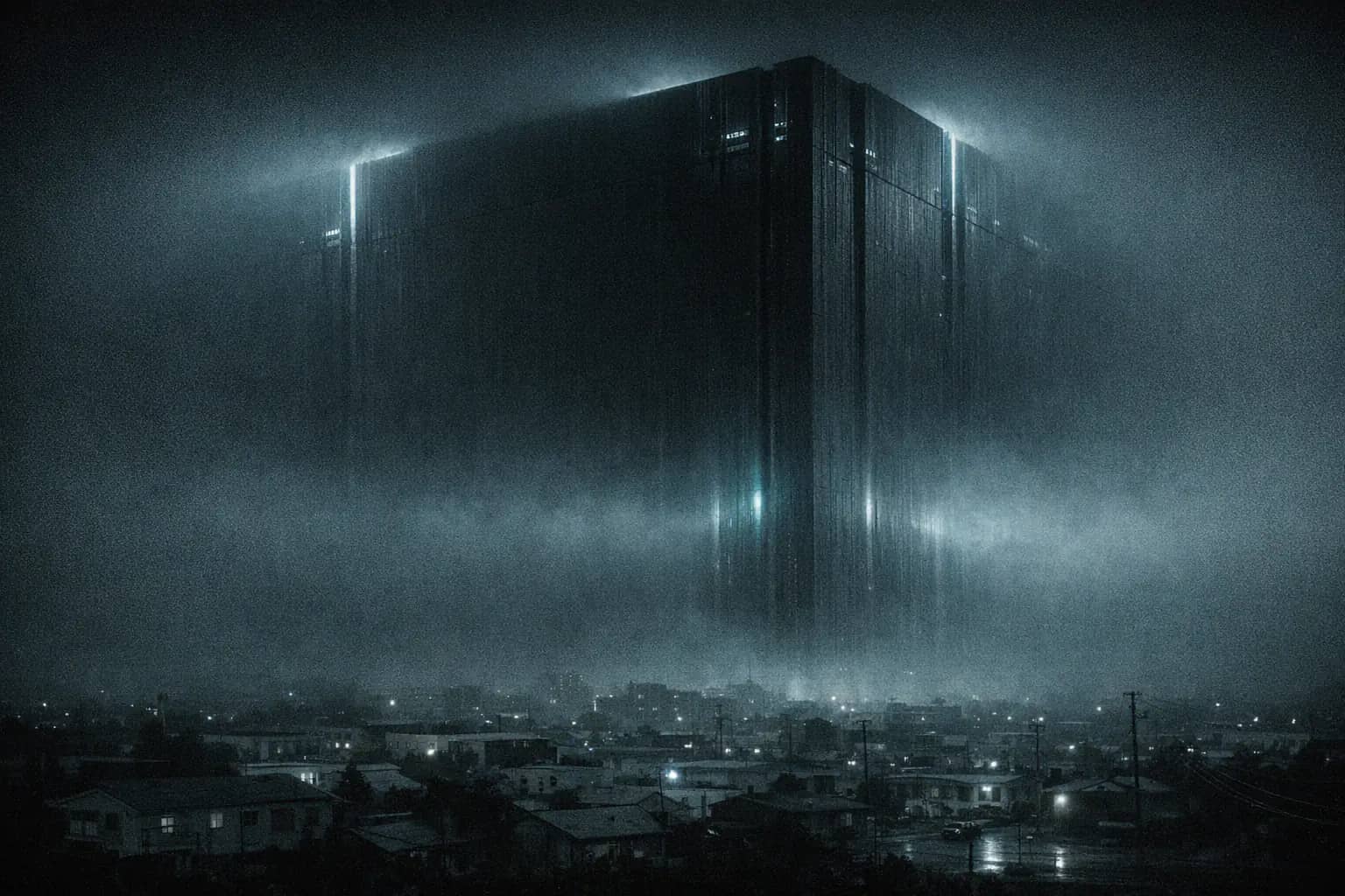 An immense windowless slab of a building hanging in low cloud above a sleeping suburb, thin cold light bleeding from its edges down onto the rooftops.