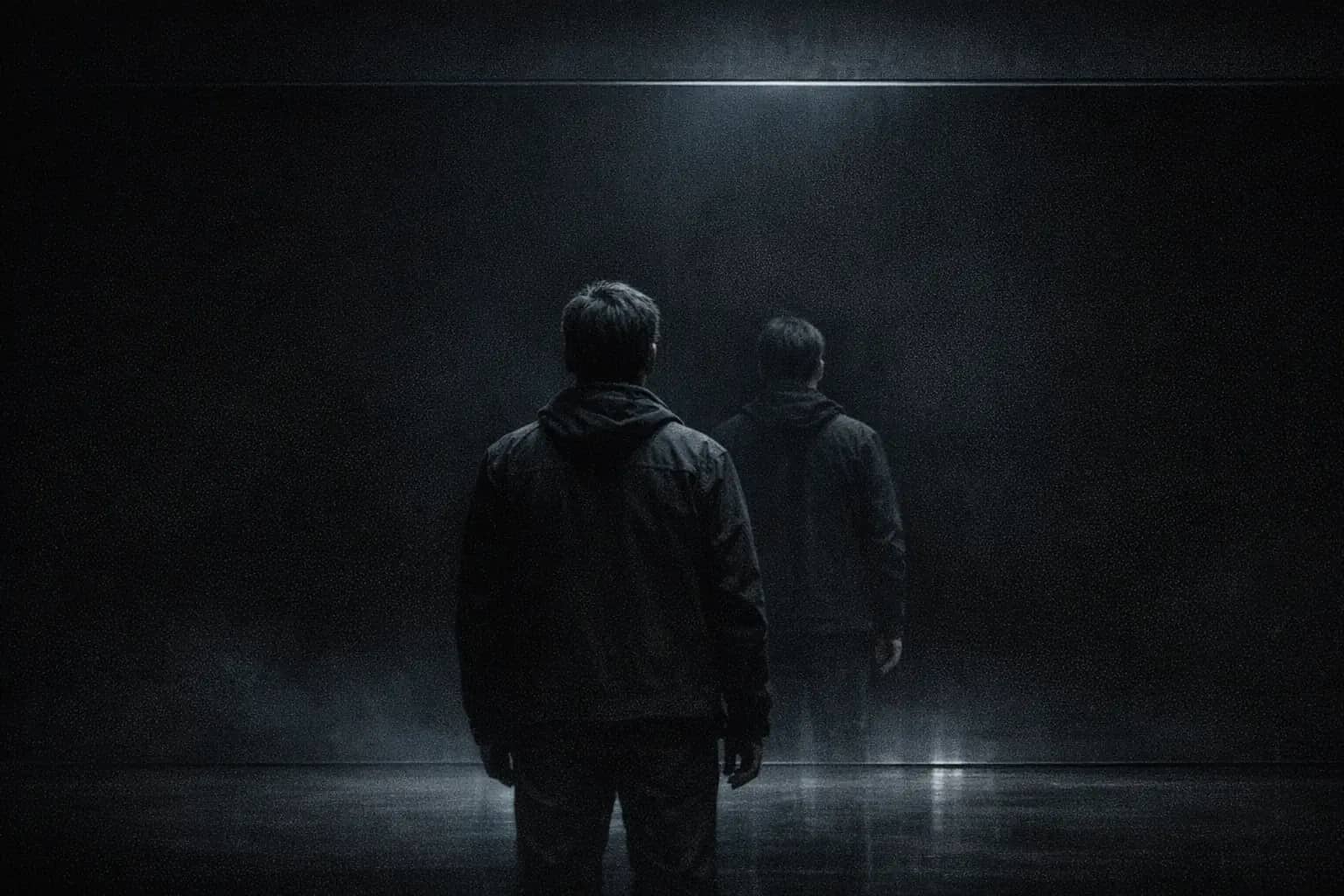 A person standing before a black mirrored wall in the dark; the reflection facing them is turned slightly away, half a moment behind.