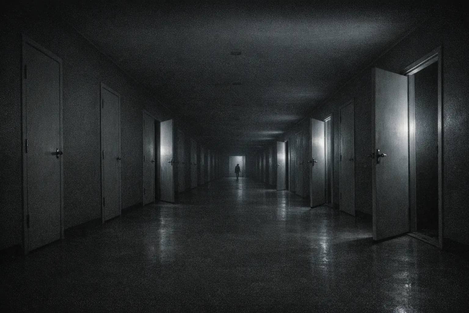 A long institutional corridor lined with doors, every one of them standing open from the far side, a distant figure at the vanishing point.