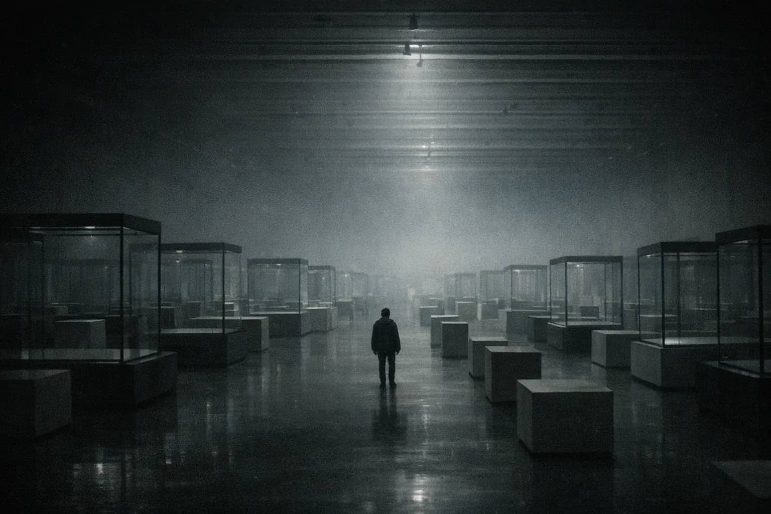 A dark museum hall of empty glass vitrines receding into fog, a lone visitor standing among them with nothing left to look at.
