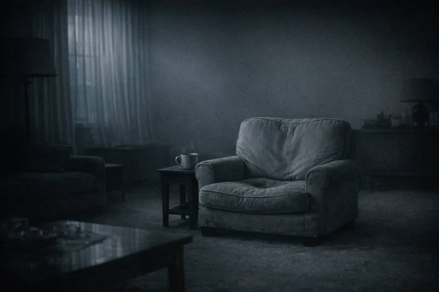 An empty living room in blue half-light: an armchair with the cushion still pressed, a cup on the side table, the room left exactly as it was.