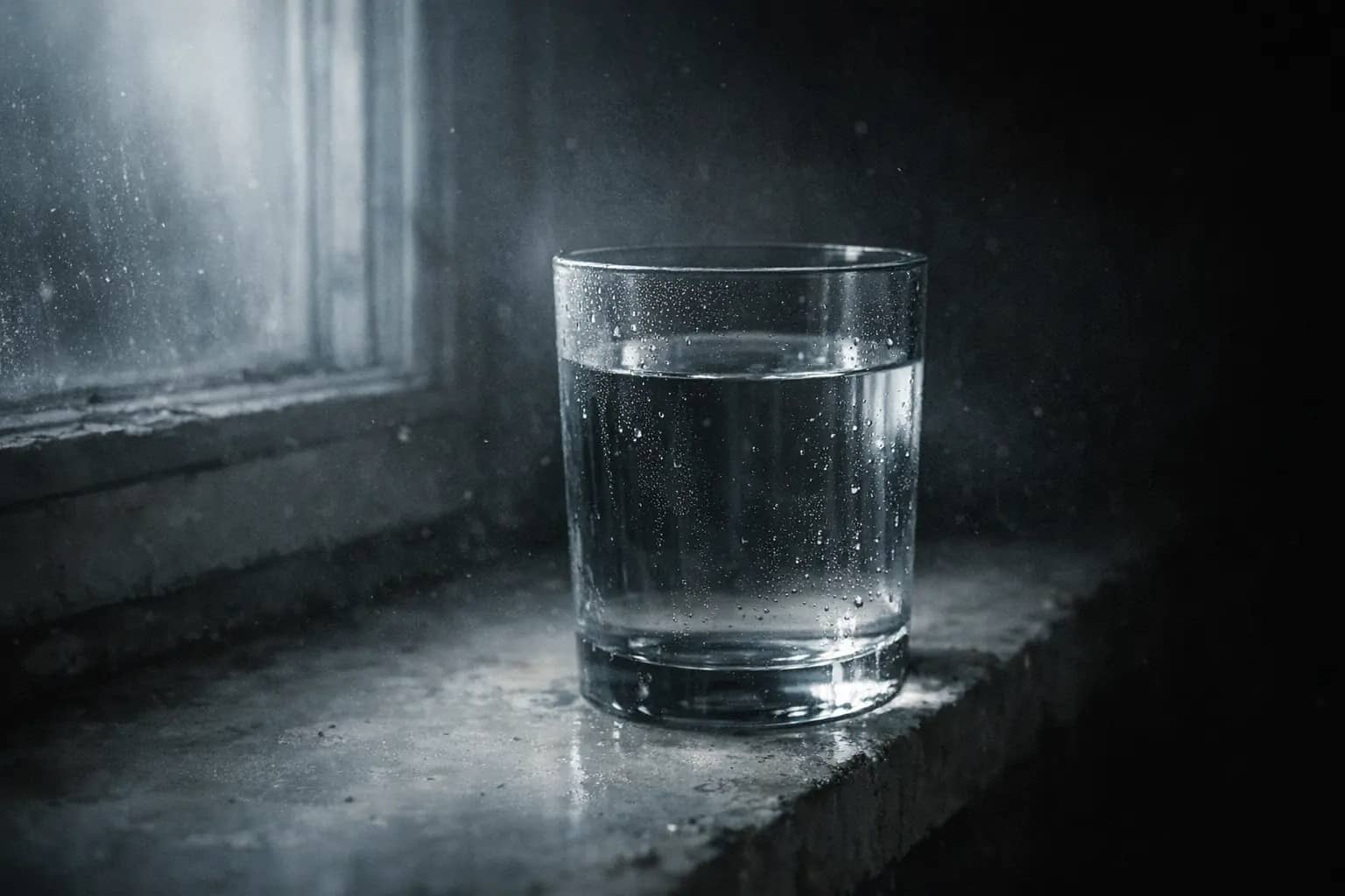 A plain glass of water on a cold stone windowsill, condensation on the pane behind it, lit like an object under examination.