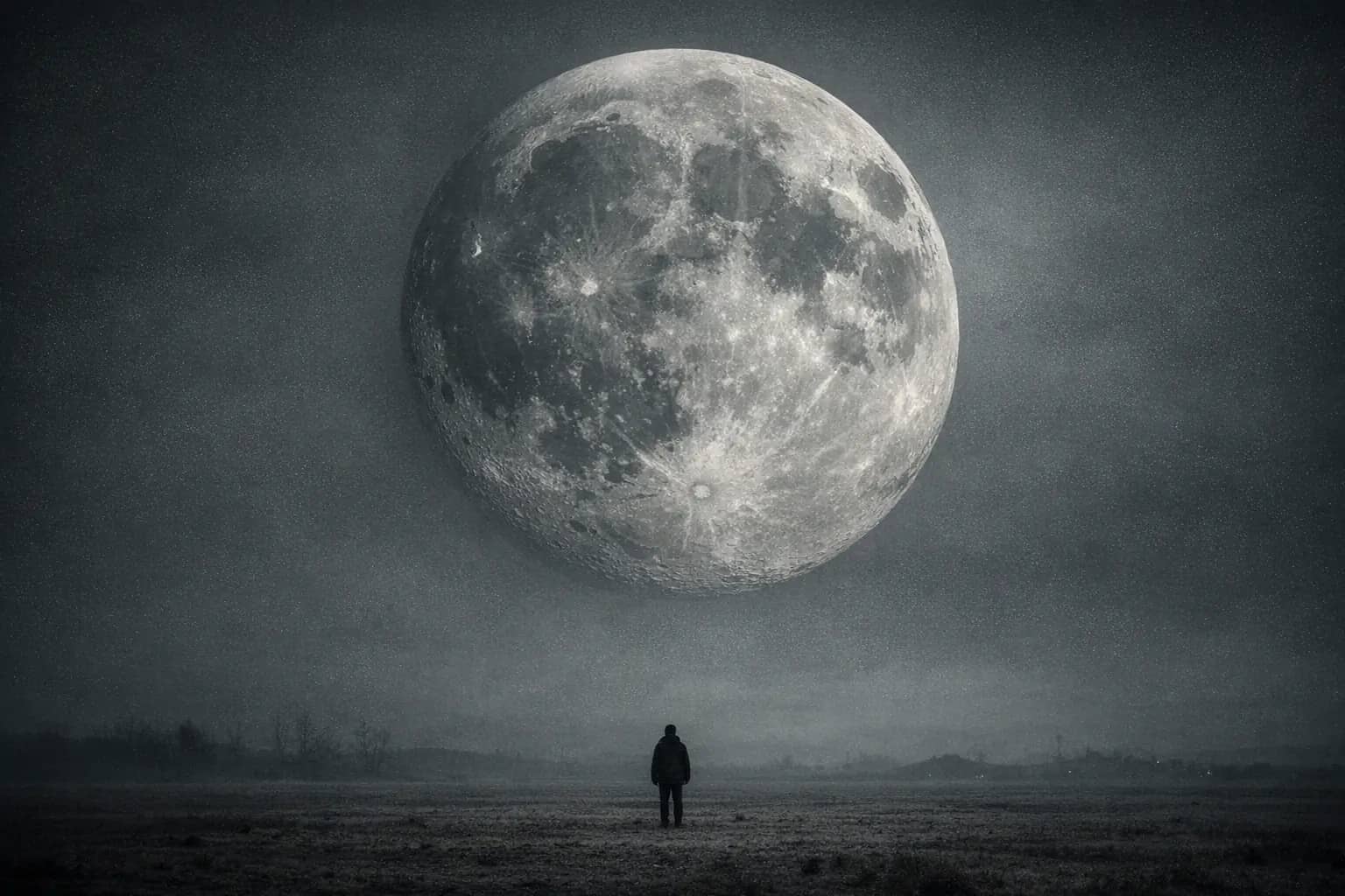 An enormous cratered Moon filling the sky above a flat empty field, with one small figure standing beneath it for scale.