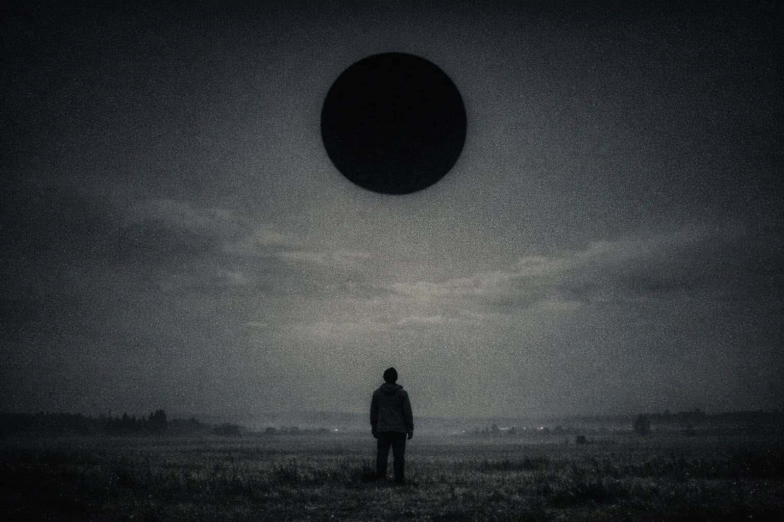 The same night landscape with the Moon replaced by a perfect black disc, the figure below standing under a sky that has lost its punctuation.