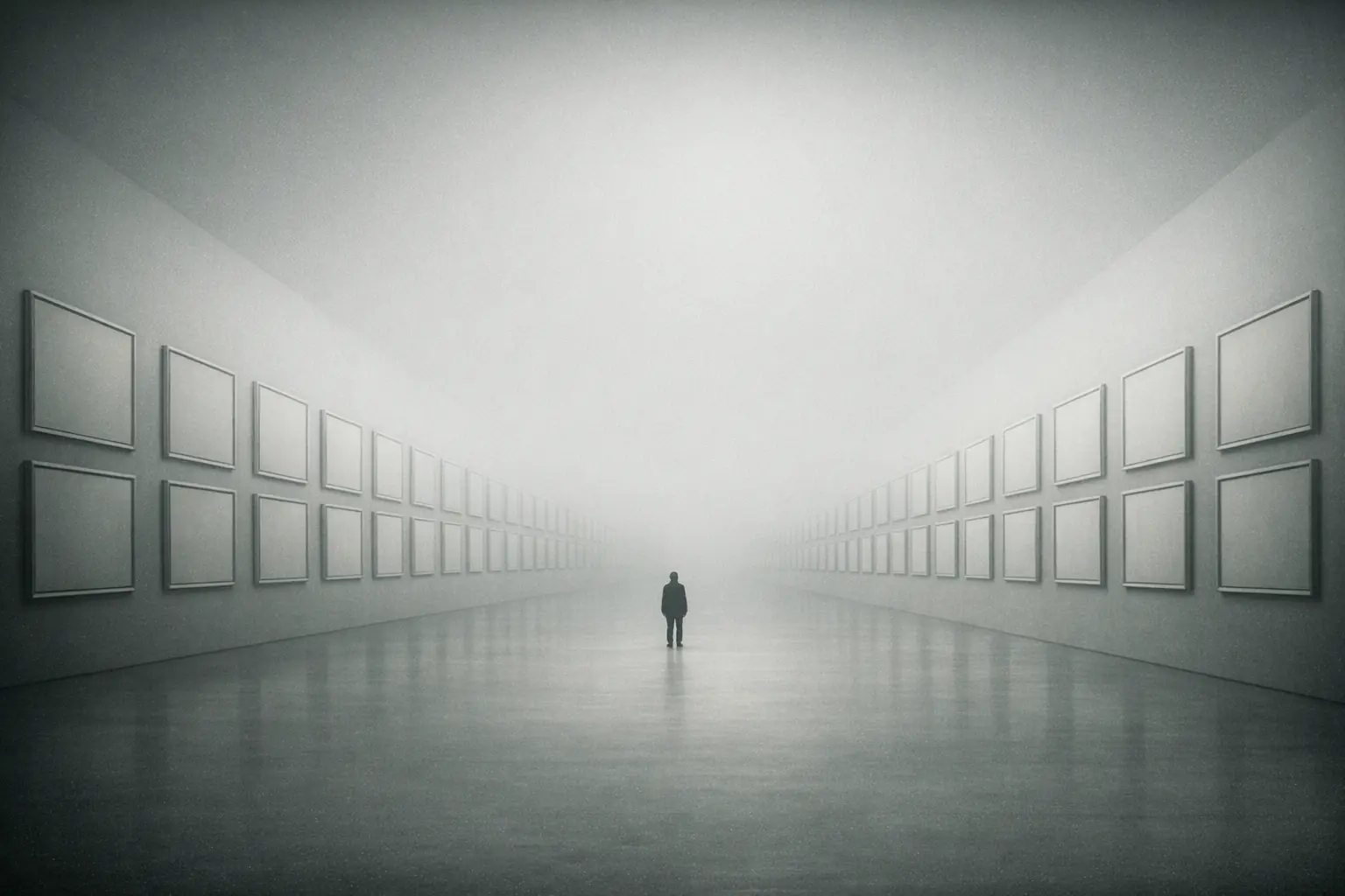 An endless white gallery in fog, both walls hung with rows of identical framed works, every one of them blank, a single visitor walking the centre line.