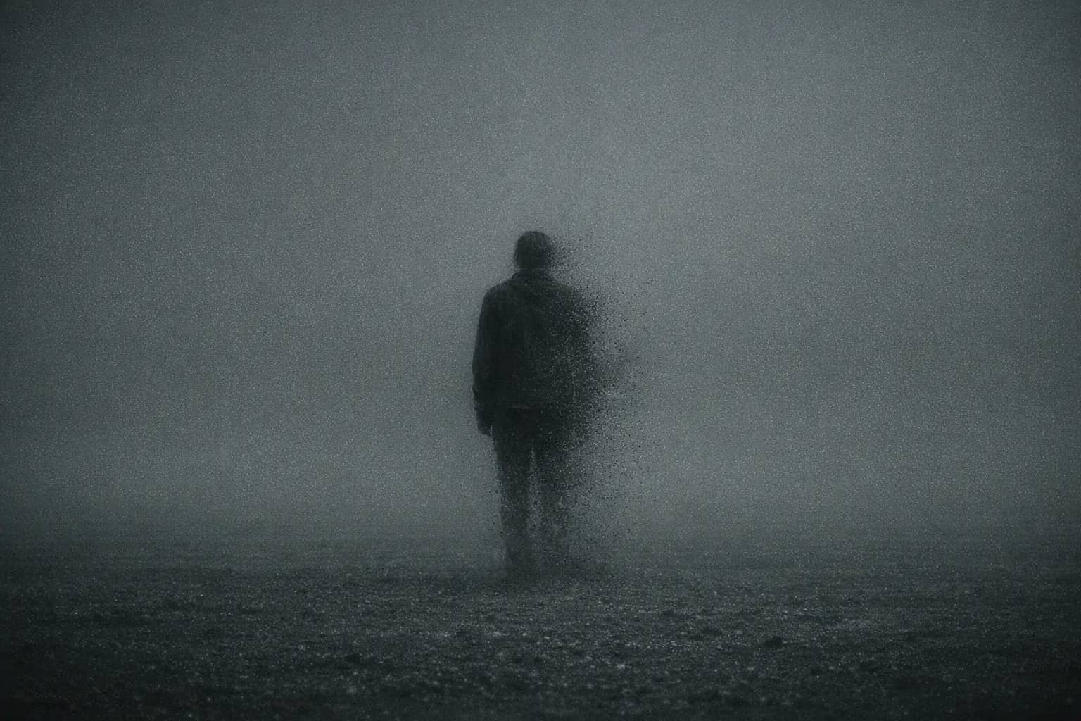 A figure standing in grey fog, one side of the body already breaking into drifting particles, dissolving without violence.
