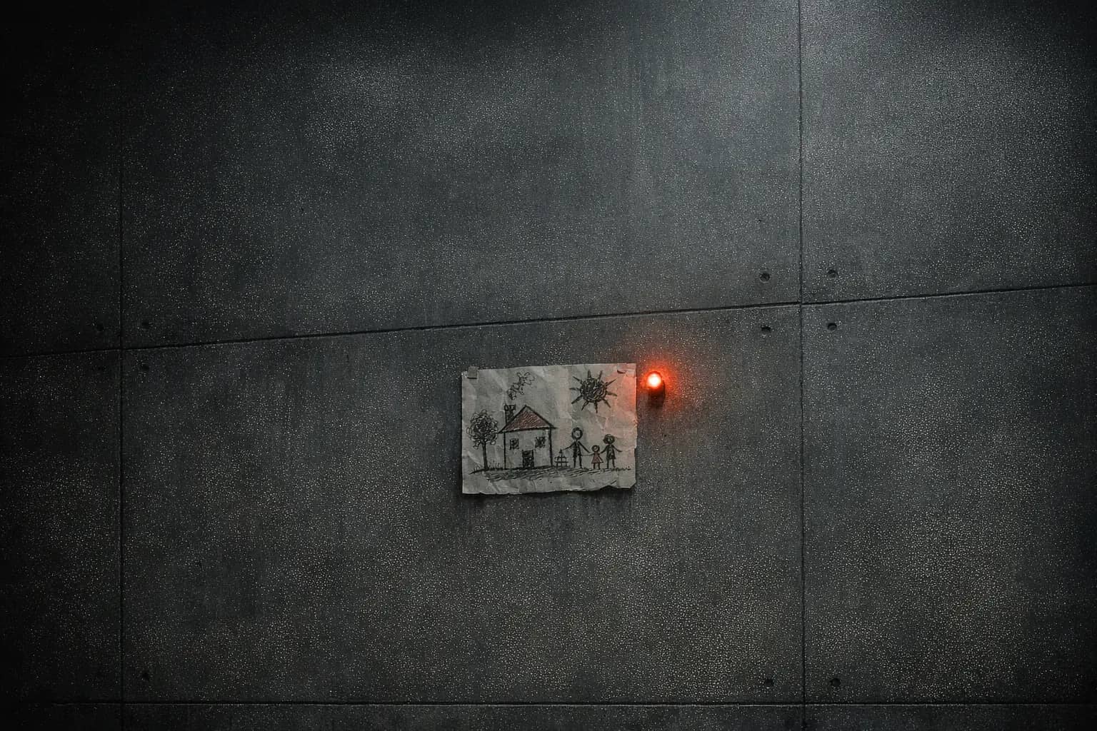 A child's crayon drawing of a house and family taped to a wall of cold grey concrete, lit by one small warm ember-coloured lamp.