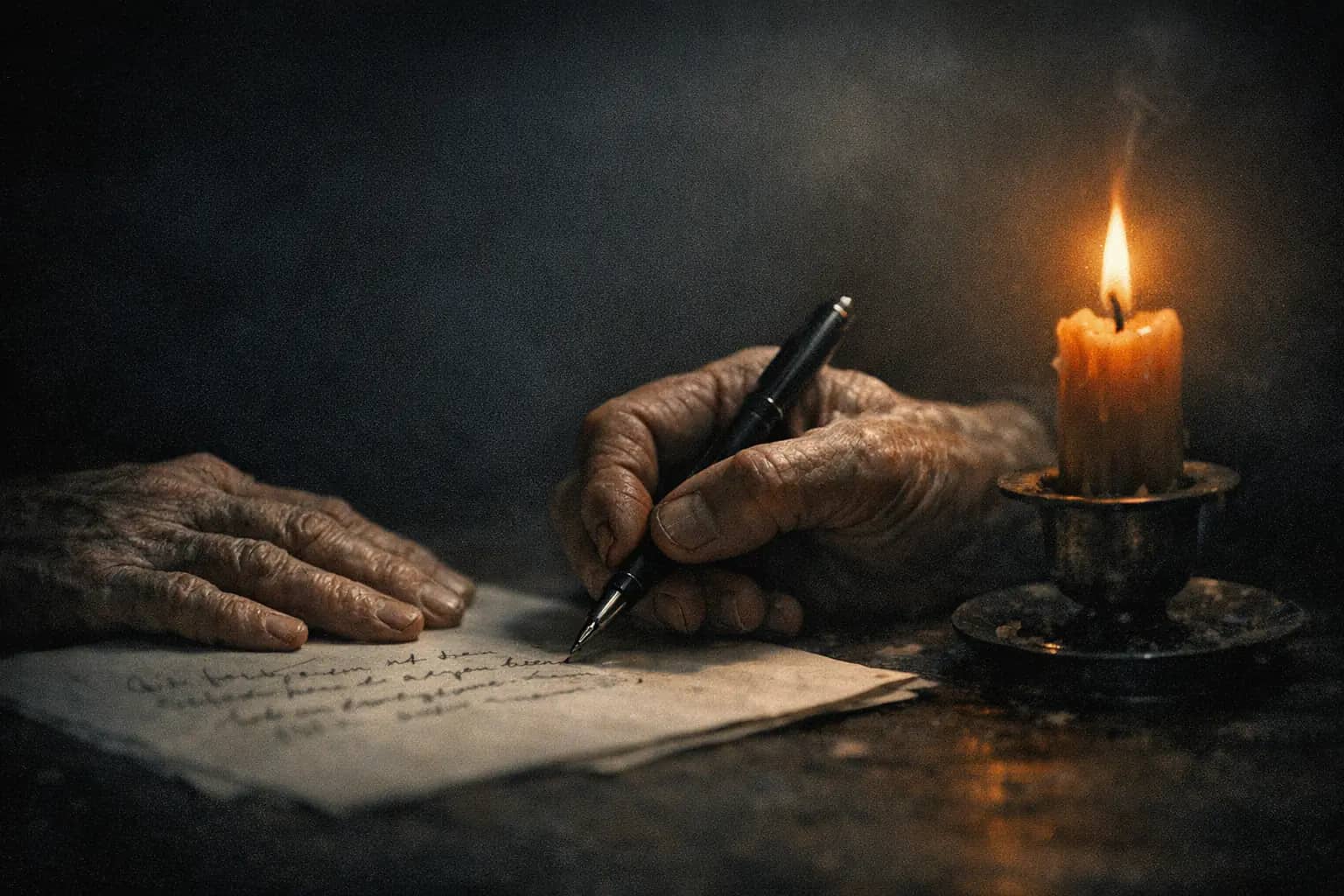 Aged hands writing a letter by candlelight, one hand steadying the paper, the handwriting slow and uneven.