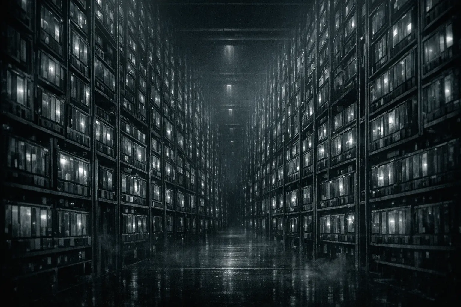 A cold storage vault stretching out of sight, aisle after aisle of identical cases lit from within, every one of them holding something kept.