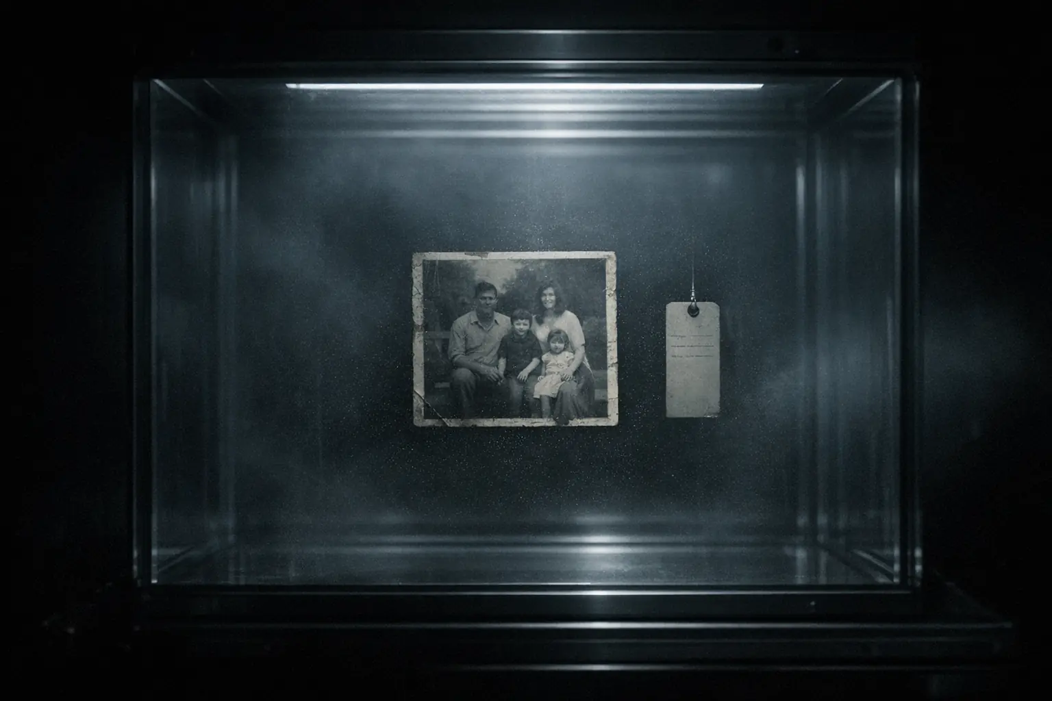 A single family photograph sealed upright inside a lit glass preservation cell, a catalogue tag hanging beside it.