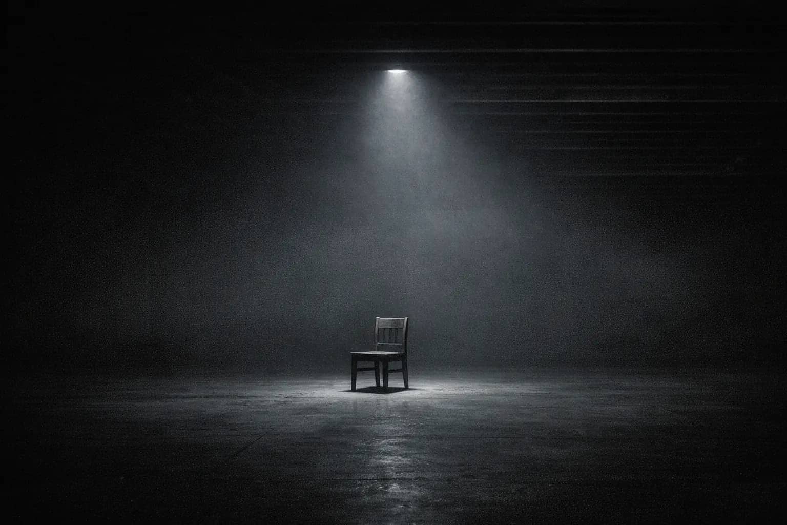 One empty wooden chair alone under a single shaft of light in a large, otherwise dark room.