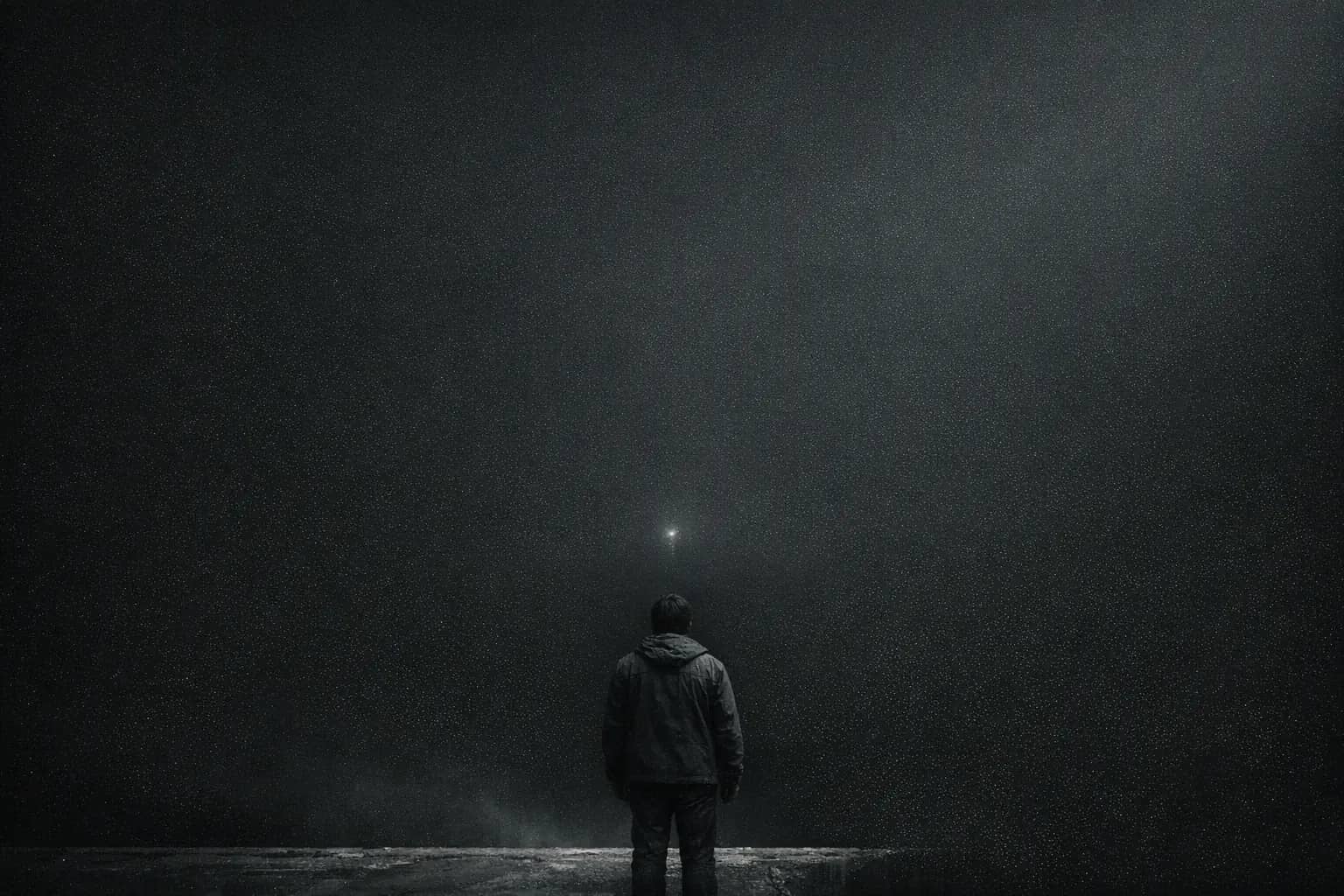 A lone figure seen from behind at the edge of an immense darkness, facing one small distant star.